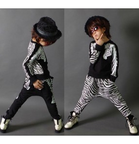 zebra printed black cotton boys kids children school play competition performance modern dance street hip hop dance jazz costumes outfits 